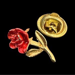 Vintage Rose Lapel Pin Gold Tone Red